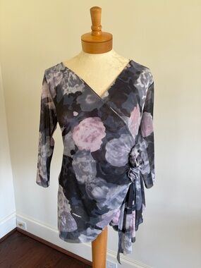 Sweet Pea Gray and Pink Floral Wrap Top